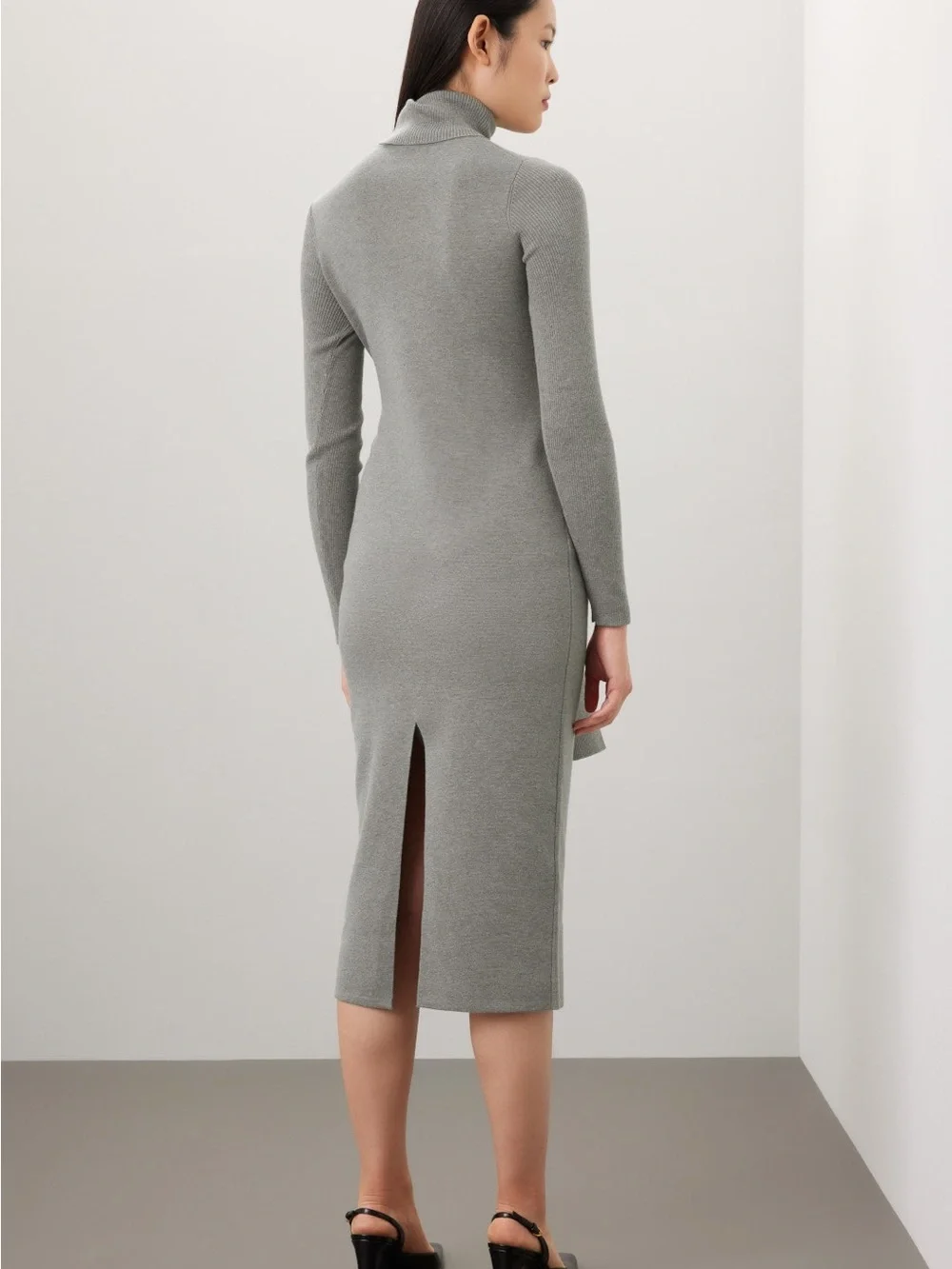 Turtleneck Tie-Waist Knit Midi Dress - Gray - Picture 3 of 9